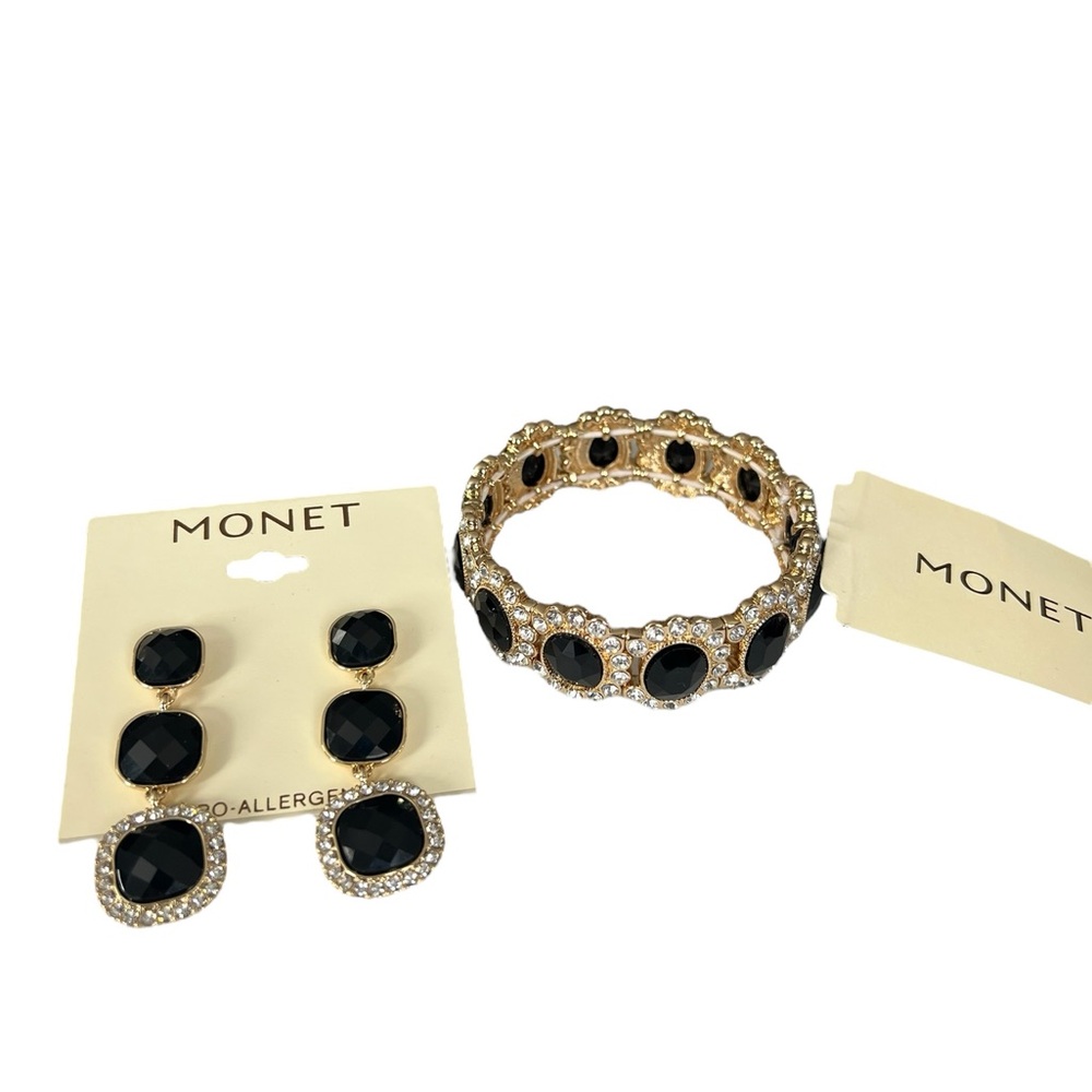 Monet Black and Gold Stretchy Bracelet & Earrings Set